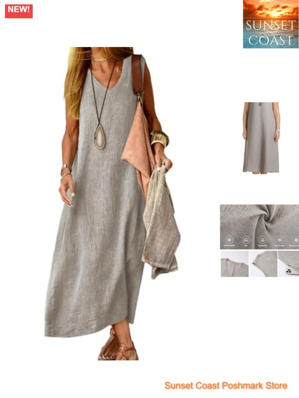 Plus Size Linen Cotton Blend Dress with Pockets Sleeveless V-Neck